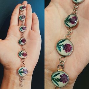 Vintage 70s Purple Pressed Flower Bracelet signed Mexico